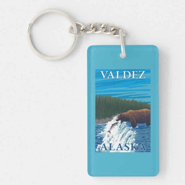 Bear Fishing in River - Valdez, Alaska Keychain (Front)