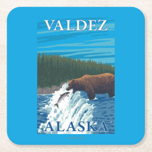 Bear Fishing in River - Valdez, Alaska Square Paper Coaster