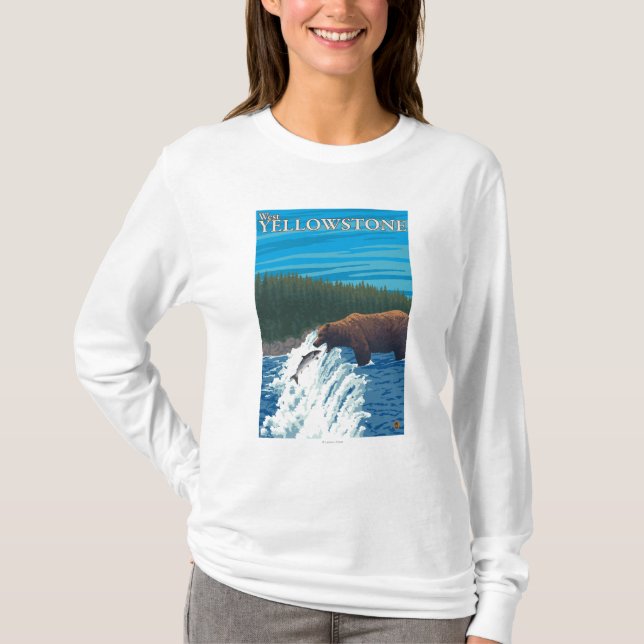 Bear Fishing in River - West Yellowstone, MT T-Shirt (Front)