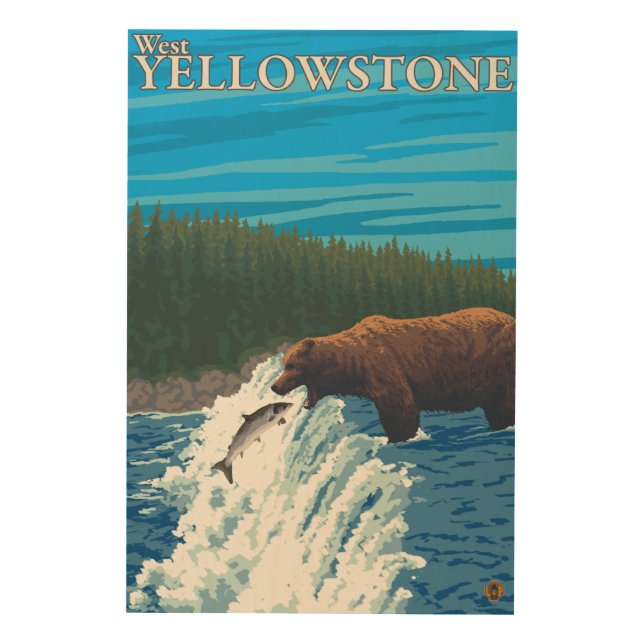 Bear Fishing in River - West Yellowstone, MT Wood Wall Decor (Front)