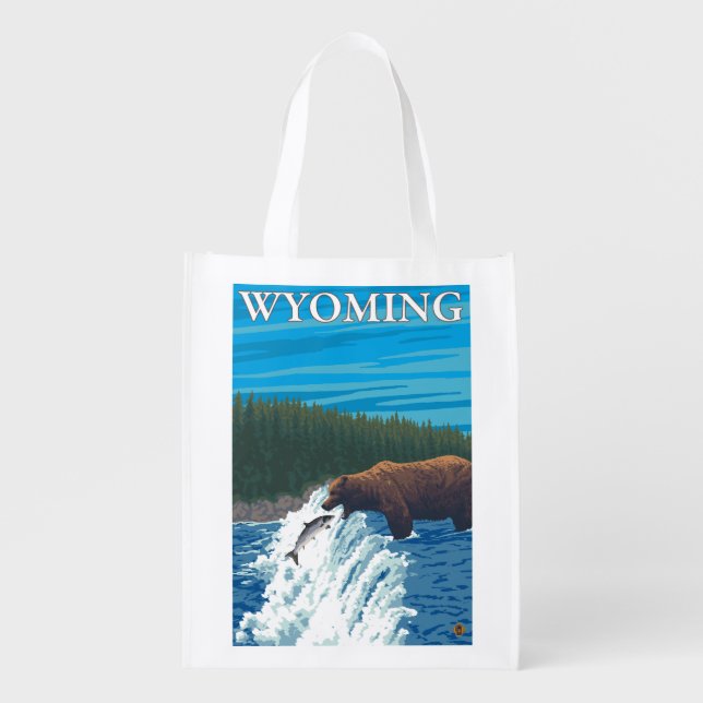 Bear Fishing in River - Wyoming Grocery Bag (Front)