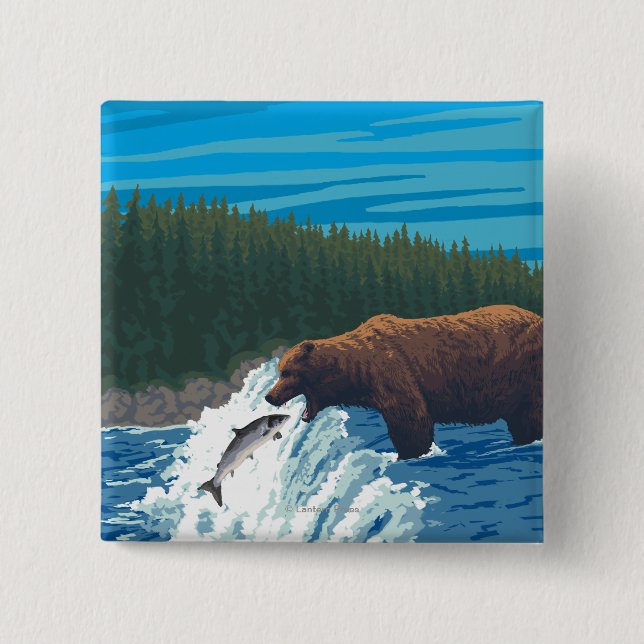 Bear Fishing in River - Wyoming Pinback Button (Front)