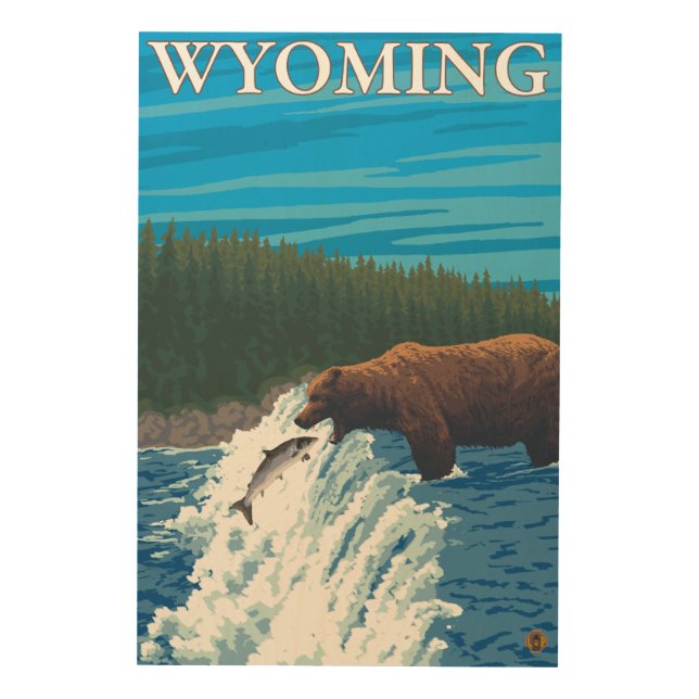 Bear Fishing in River - Wyoming Wood Wall Art (Front)