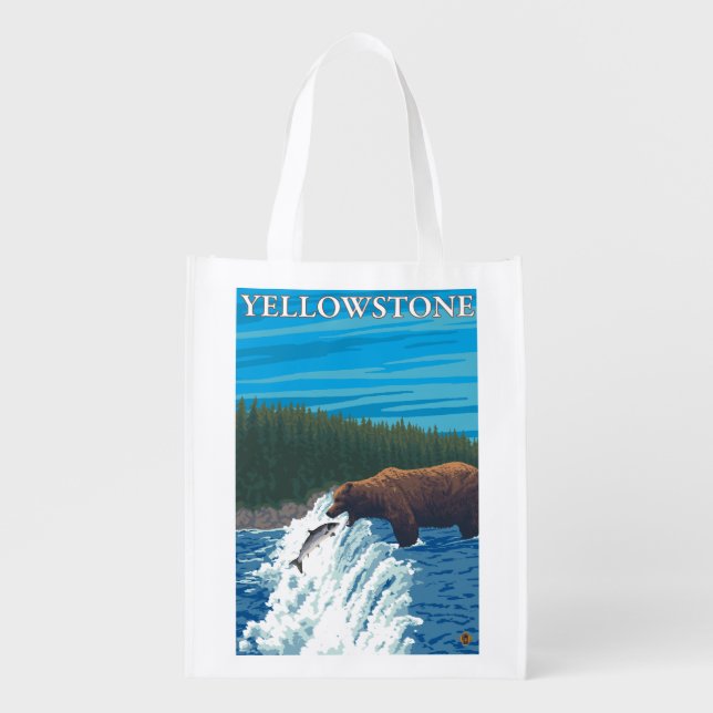 Bear Fishing in River - Yellowstone National Grocery Bag (Front)