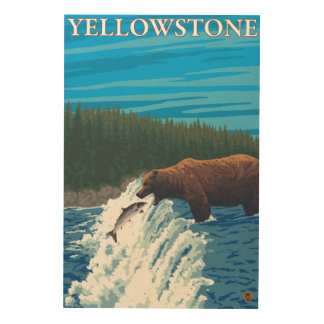 Bear Fishing in River - Yellowstone National Wood Wall Decor