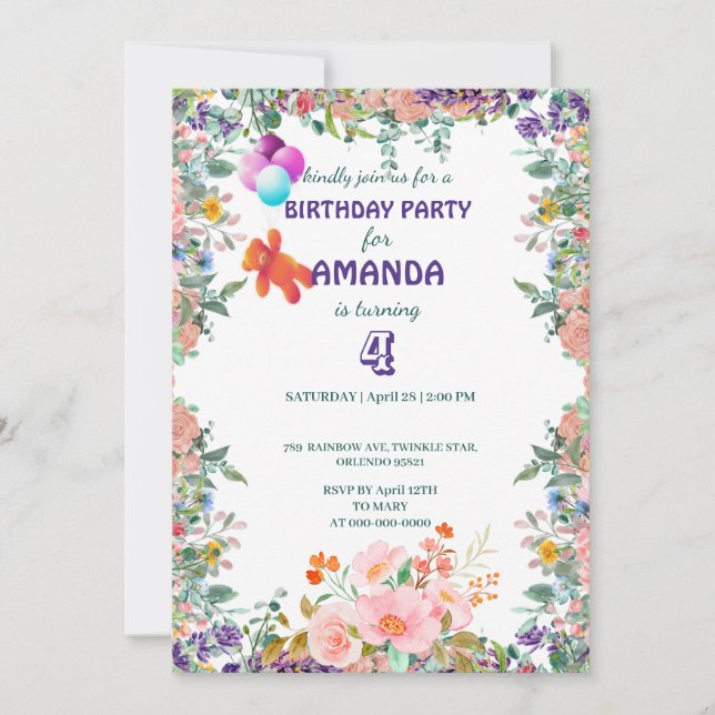 Bear float Balloon gradient floral Birthday Party  Invitation (Front)