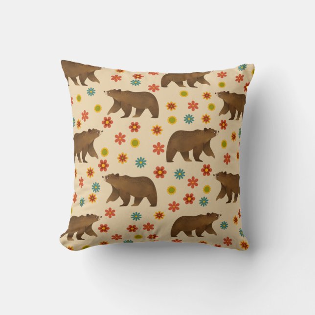 Bear Floral Pattern Throw Pillow (Front)