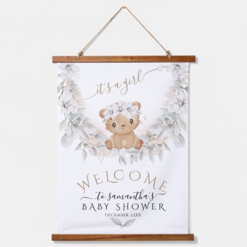 Bear Flower Its a Girl Baby Shower Welcome Hanging Tapestry