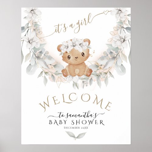 Bear Flower Its a Girl Baby Shower Welcome  Poster