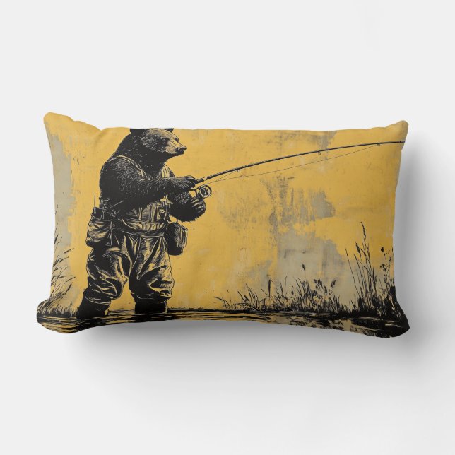 Bear Fly Fishing Throw Pillow (Front)