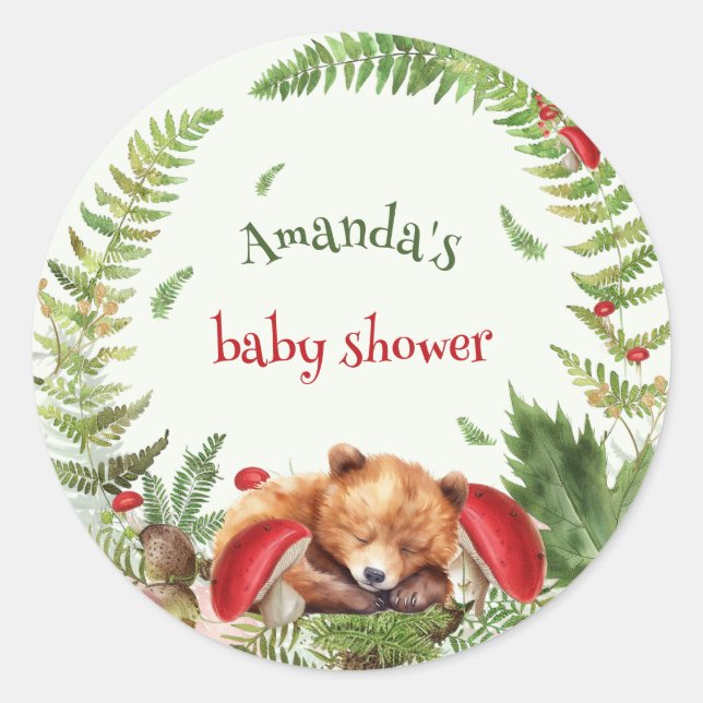 Bear Forest Botanical Nature Baby Shower Classic Round Sticker (Front)