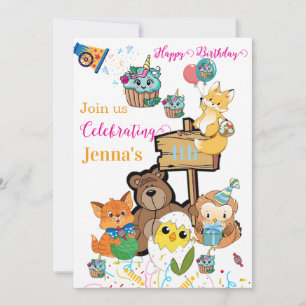 Bear Fox Bird Cupcake Happy Birthday Invitation