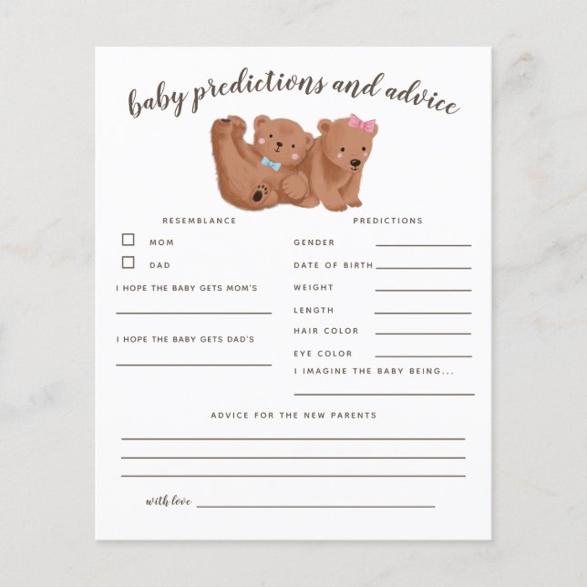 Bear Gender Reveal Baby Predictions and Advice (Front)