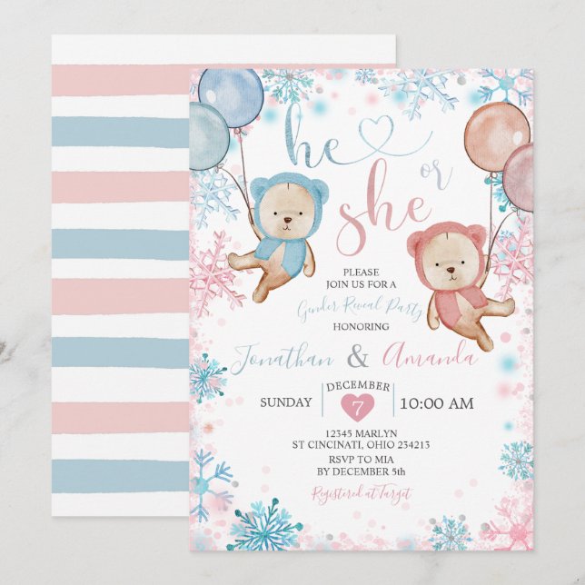 Bear Gender Reveal He or She Winter Snowflake Invitation (Front/Back)