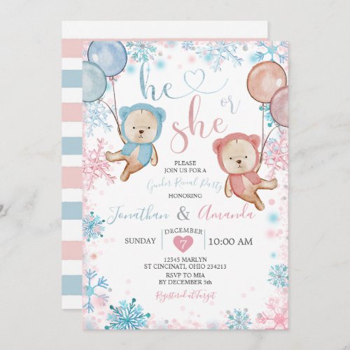 Bear Gender Reveal He or She Winter Snowflake Invitation