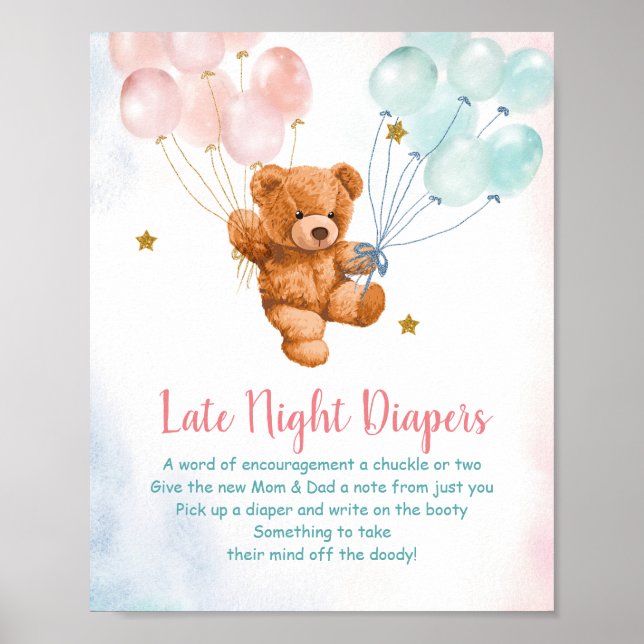 Bear Gender Reveal Late Night Diapers Sign Poster (Front)