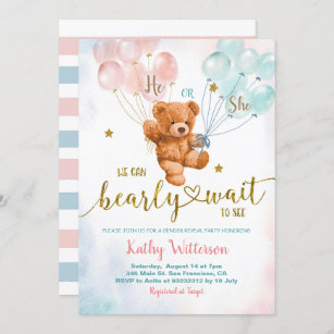 Bear Gender Reveal Pink and Blue Baby Shower Invit Invitation