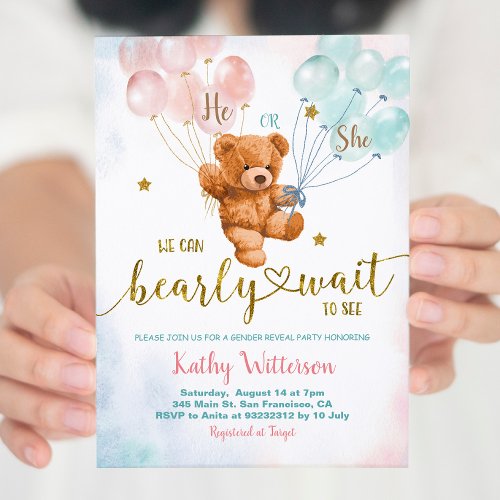 Bear Gender Reveal Pink and Blue Baby Shower Invit Invitation