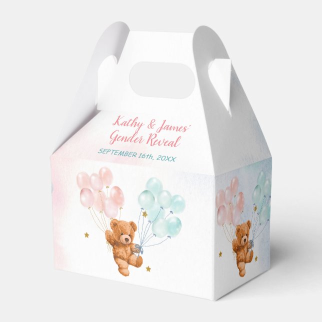 Bear Gender Reveal Pink and Blue Balloon Favor Boxes (Front Side)