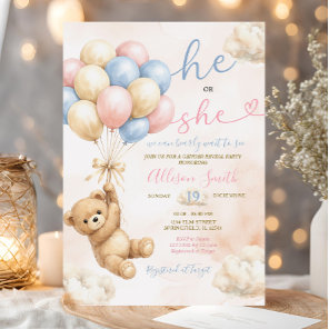 Bear Gender Reveal Pink and Blue Balloon Invitation