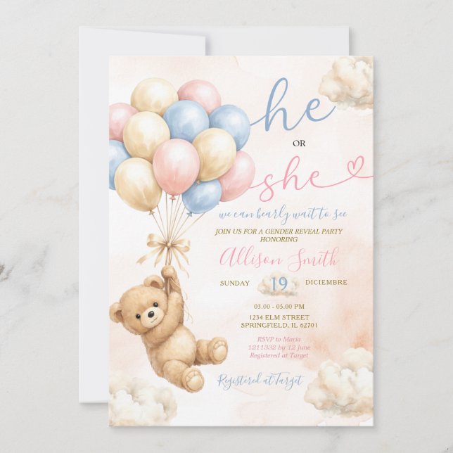 Bear Gender Reveal Pink and Blue Balloon Invitation (Front)