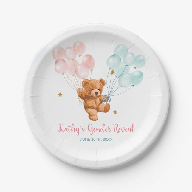 Bear Gender Reveal Pink and Blue Balloon Paper Plates (Front)