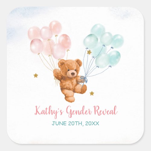 Bear Gender Reveal Pink and Blue Gold Star Square Sticker