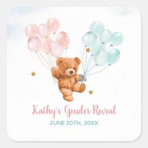 Bear Gender Reveal Pink and Blue Gold Star Square Sticker