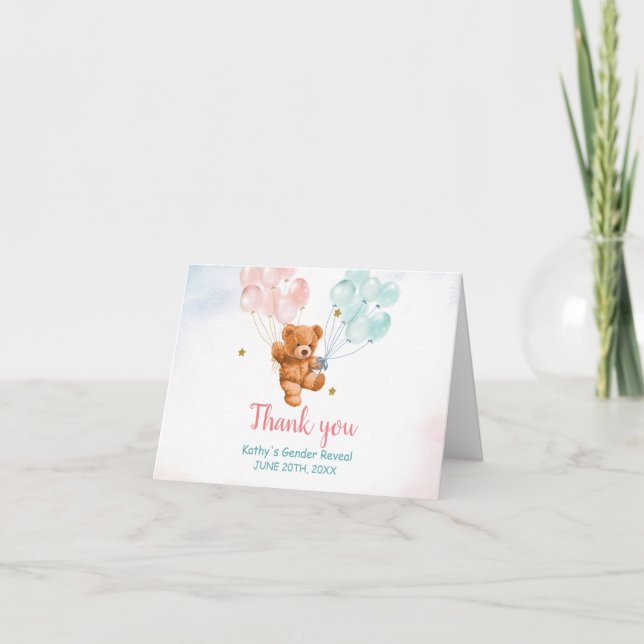 Bear Gender Reveal Pink and Blue Thank You card (Front)