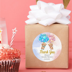 Bear Gender Reveal Pink and Blue Thank You Sticker