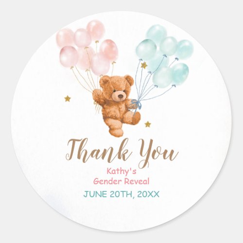 Bear Gender Reveal Pink and Blue Thank You Sticker