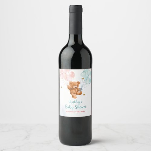 Bear Gender Reveal Pink and Blue Wine Bottle Label