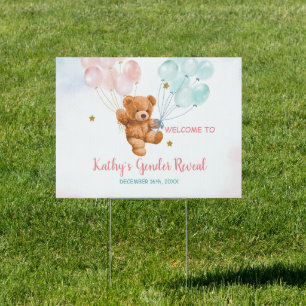 Bear Gender Reveal Pink & Blue Balloon Banner Sign