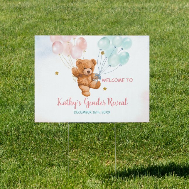 Bear Gender Reveal Pink & Blue Balloon Banner Sign (Insitu)