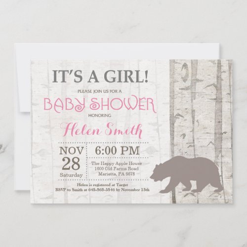 Bear Girl Baby Shower Invitation Rustic Woodland