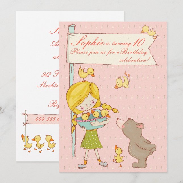 Bear Girl Ducklings Children Birthday Invitation (Front/Back)