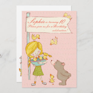 Bear Girl Ducklings Children Birthday Invitation