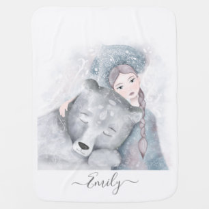 Bear & girl fairytale-like illustration enchanting baby blanket