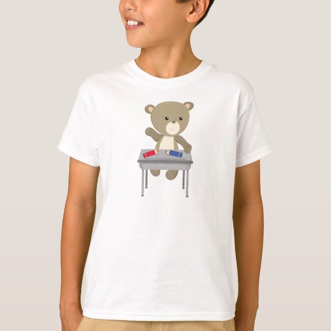 Bear Going To School, Brown Bear, Cute Bear, Desk T-Shirt (Front)