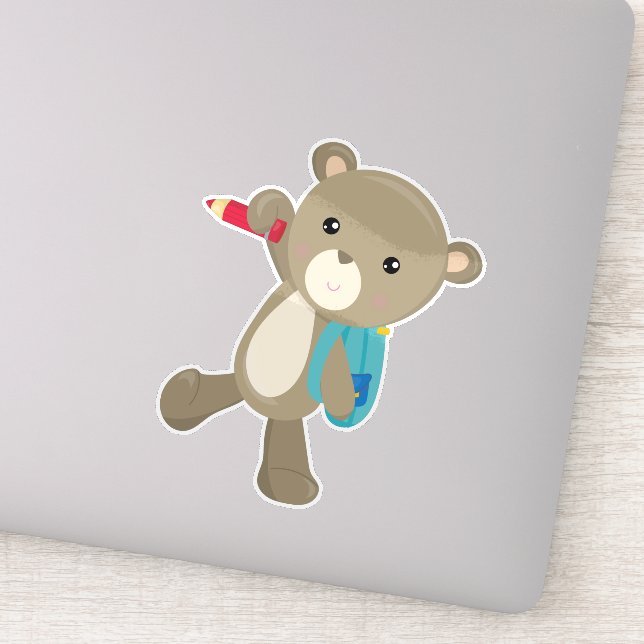 Bear Going To School, Cute Bear, Backpack, Pencil Sticker (Detail)