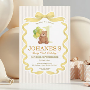 Bear Gold Ribbon Strip Beary First Birthday Invitation
