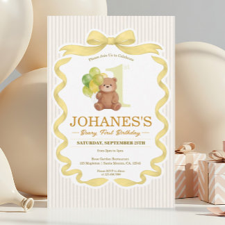 Bear Gold Ribbon Strip Beary First Birthday Invitation
