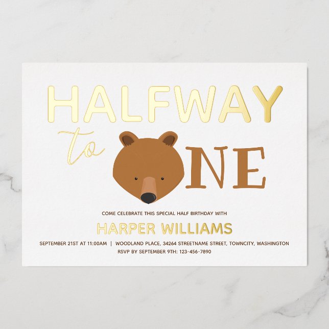 Bear Gold Six Month Baby Half Birthday Foil Invitation (Front)
