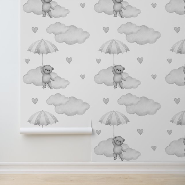 Bear Gray Umbrella Clouds Hearts Neutral Baby  Wallpaper (Application)