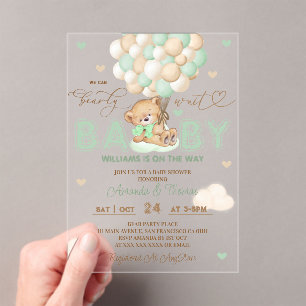 Bear Green Balloons Baby Shower Acrylic Invitations