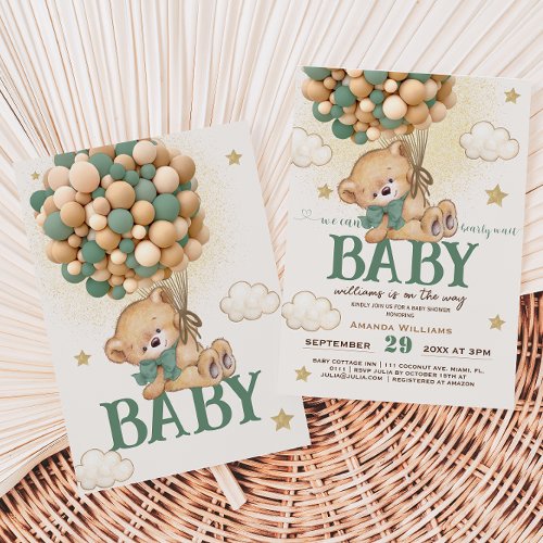 Bear Green Balloons Baby Shower  Invitation