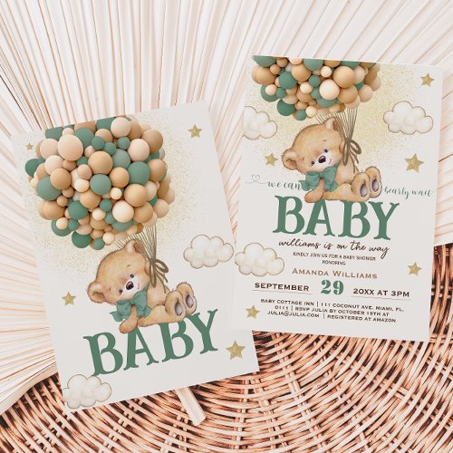 Bear Green Balloons Boho Baby Shower  Invitation