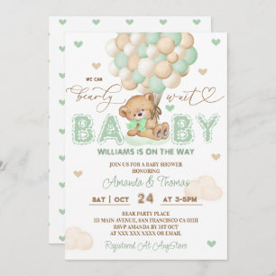 Bear Green Balloons Gender Neutral Baby Shower Invitation