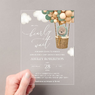 Bear, Green Balloons, Hot Air Balloon, Baby Shower Acrylic Invitations
