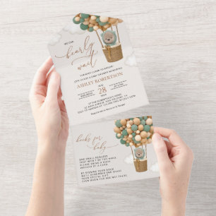 Bear, Green Balloons, Hot Air Balloon, Baby Shower All In One Invitation